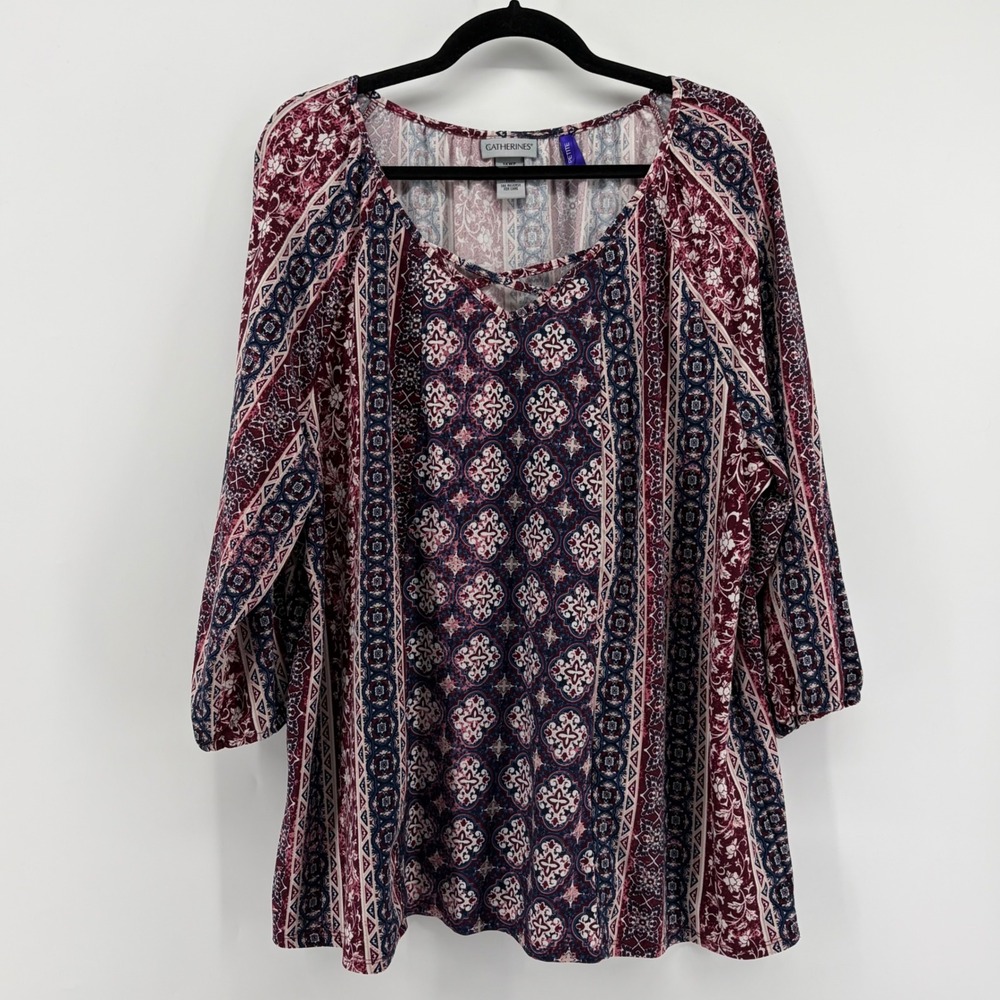 Catherines Tunic Top Burgundy Navy Womens 1XWP 18/20WP Medallion Boho 3/4 Sleeve
